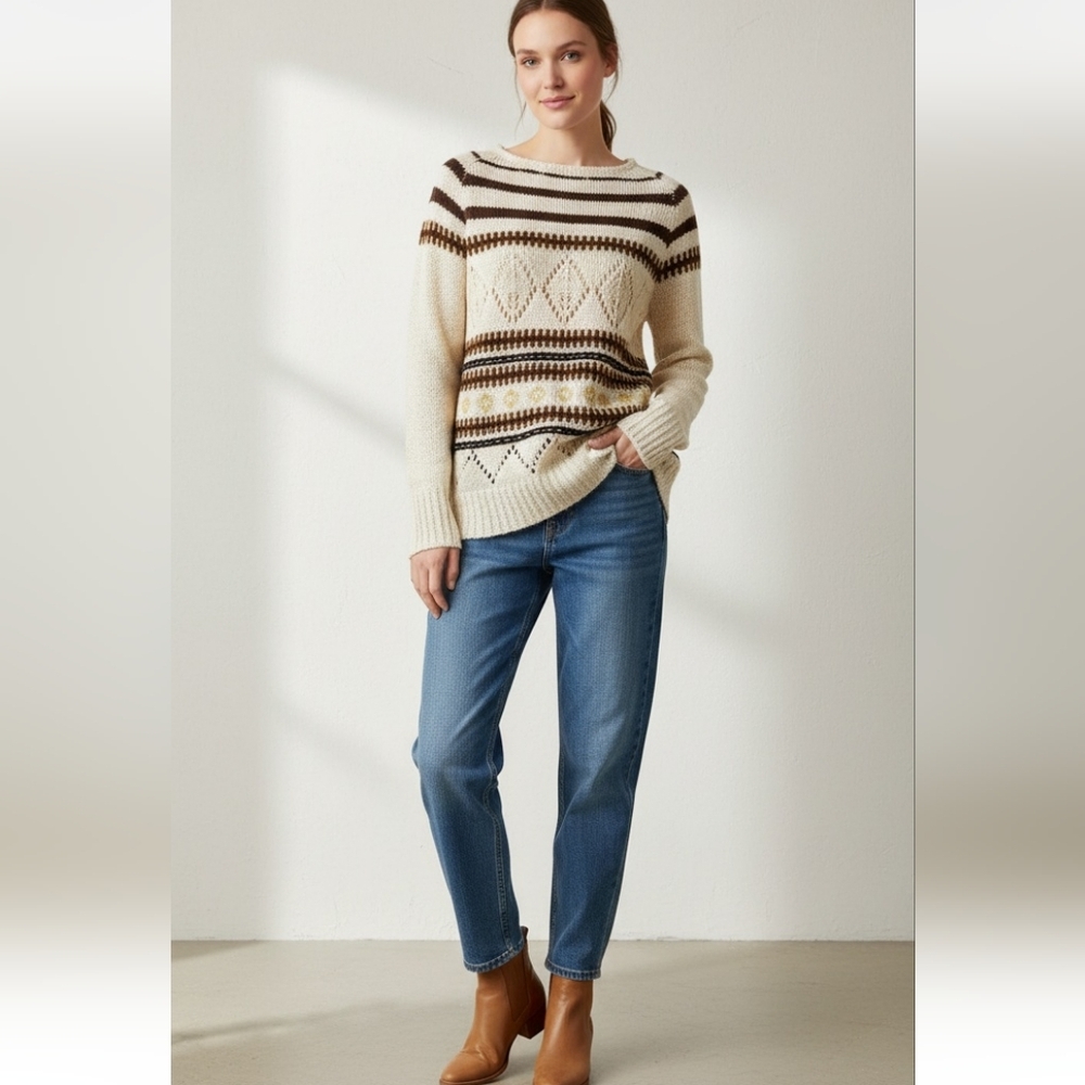 Easel‎ Los Angeles Beige Brown Patterned Plush Knit Sweater M/L Cozy Boho Fall